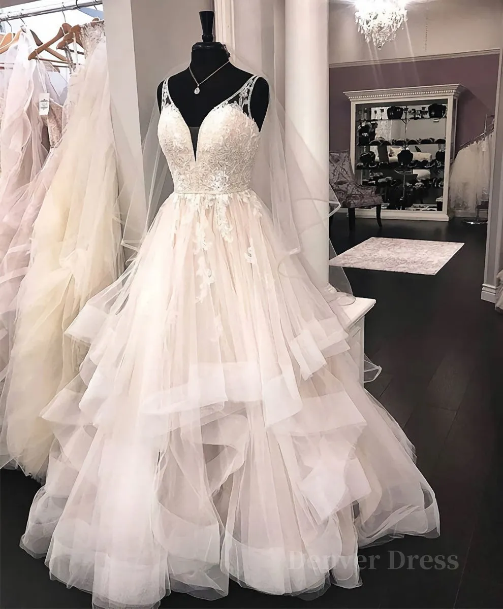 kamahe Unique v neck tulle lace long prom dress, tulle lace wedding dress