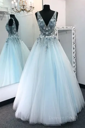 kamahe V Neck Appliques Blue Lace Long Prom Dress, Floral Blue Lace Formal Dress, Lace Blue Evening Dress, Ball Gown