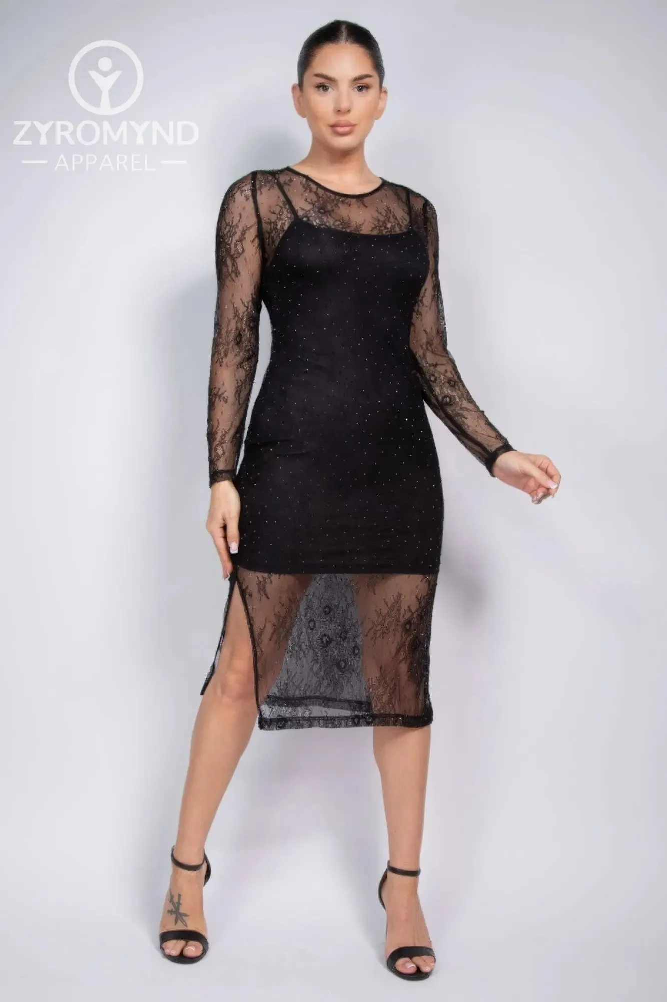 Lace Rhinestone-studded Slit Midi Dress