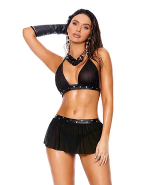 Leather & Mesh Halter Bra Top with Mini Skirt & G-String