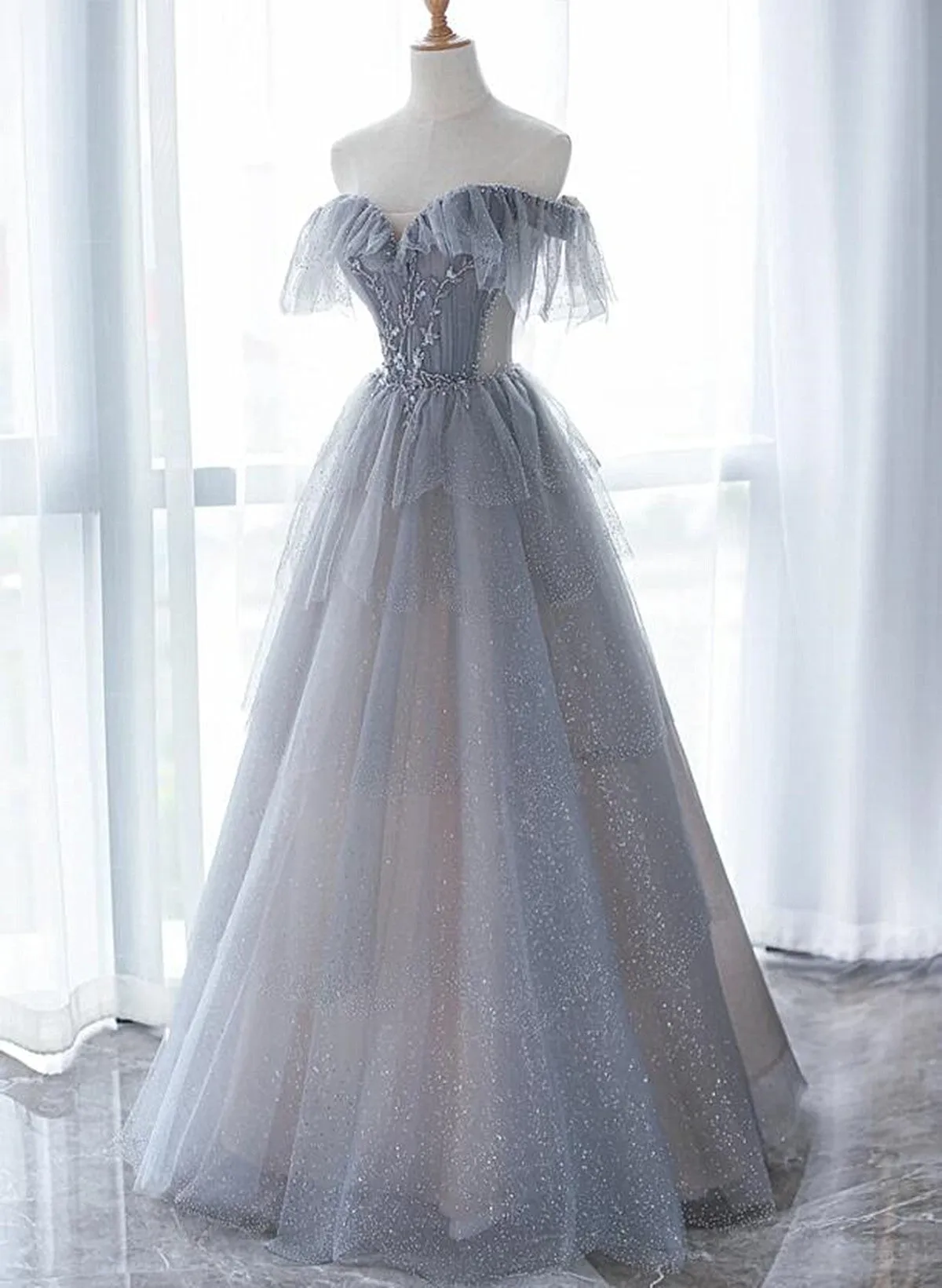 Light Grey Tulle Straps Beaded Long Formal Dress, A-line Grey Prom Dress Evening Dress