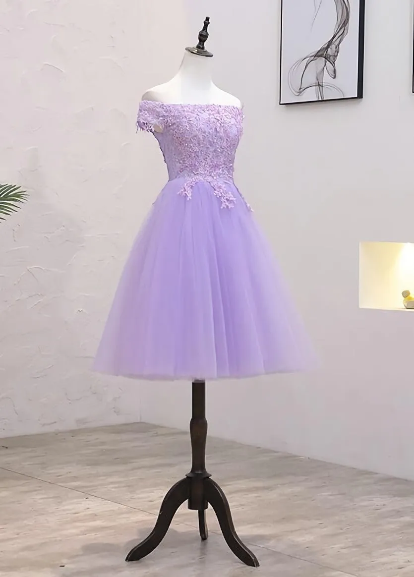 Light Purple Lace And Tulle Off The Shoulder Homecoming Dress, Short Party Dress