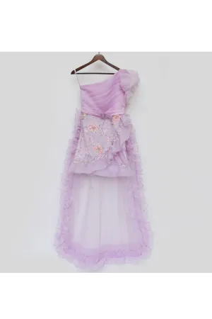 Lilac Embroidered One Shoulder Dress With Detachable Trail