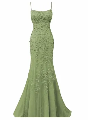 Lovely Sage Green Straps Mermaid Long Formal Dress Lace-Up Evening Dress Prom Dress