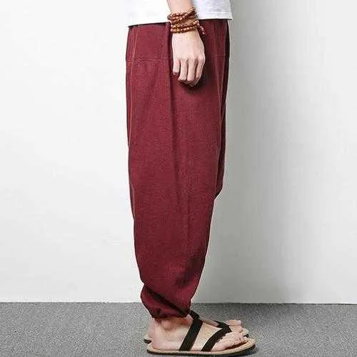 Men's Cotton Linen Harem Pants Casual Baggy Loose Trousers