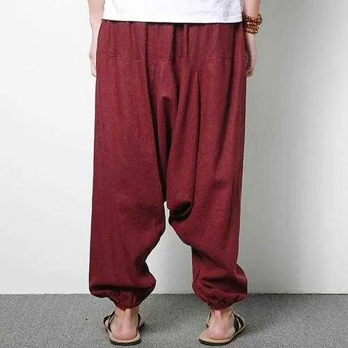 Men's Cotton Linen Harem Pants Casual Baggy Loose Trousers