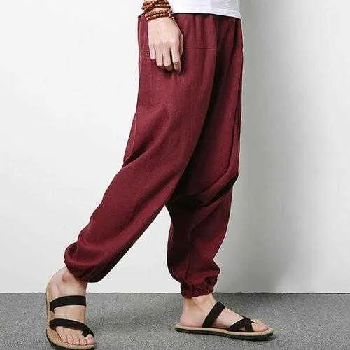 Men's Cotton Linen Harem Pants Casual Baggy Loose Trousers