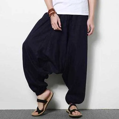 Men's Cotton Linen Harem Pants Casual Baggy Loose Trousers