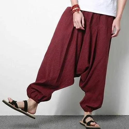 Men's Cotton Linen Harem Pants Casual Baggy Loose Trousers