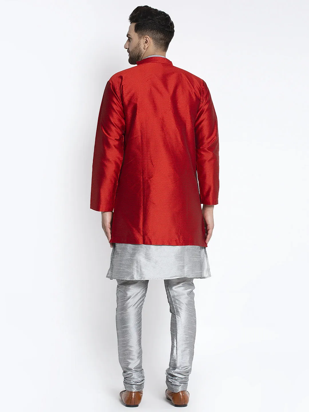 Men's Grey Kurta With Pyjama & Red Self Design Jacket - Benstoke