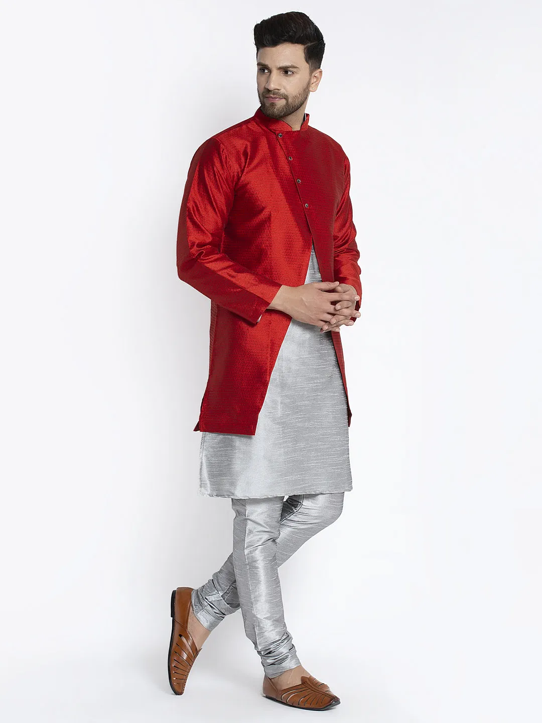 Men's Grey Kurta With Pyjama & Red Self Design Jacket - Benstoke