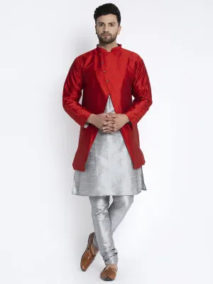 Men's Grey Kurta With Pyjama & Red Self Design Jacket - Benstoke