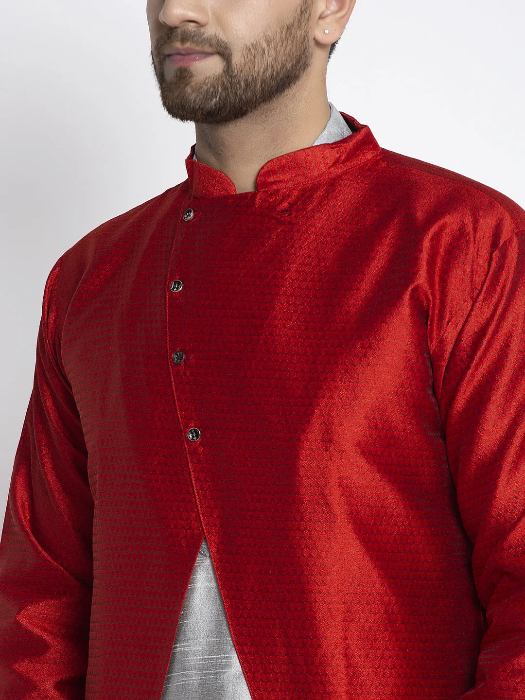 Men's Grey Kurta With Pyjama & Red Self Design Jacket - Benstoke