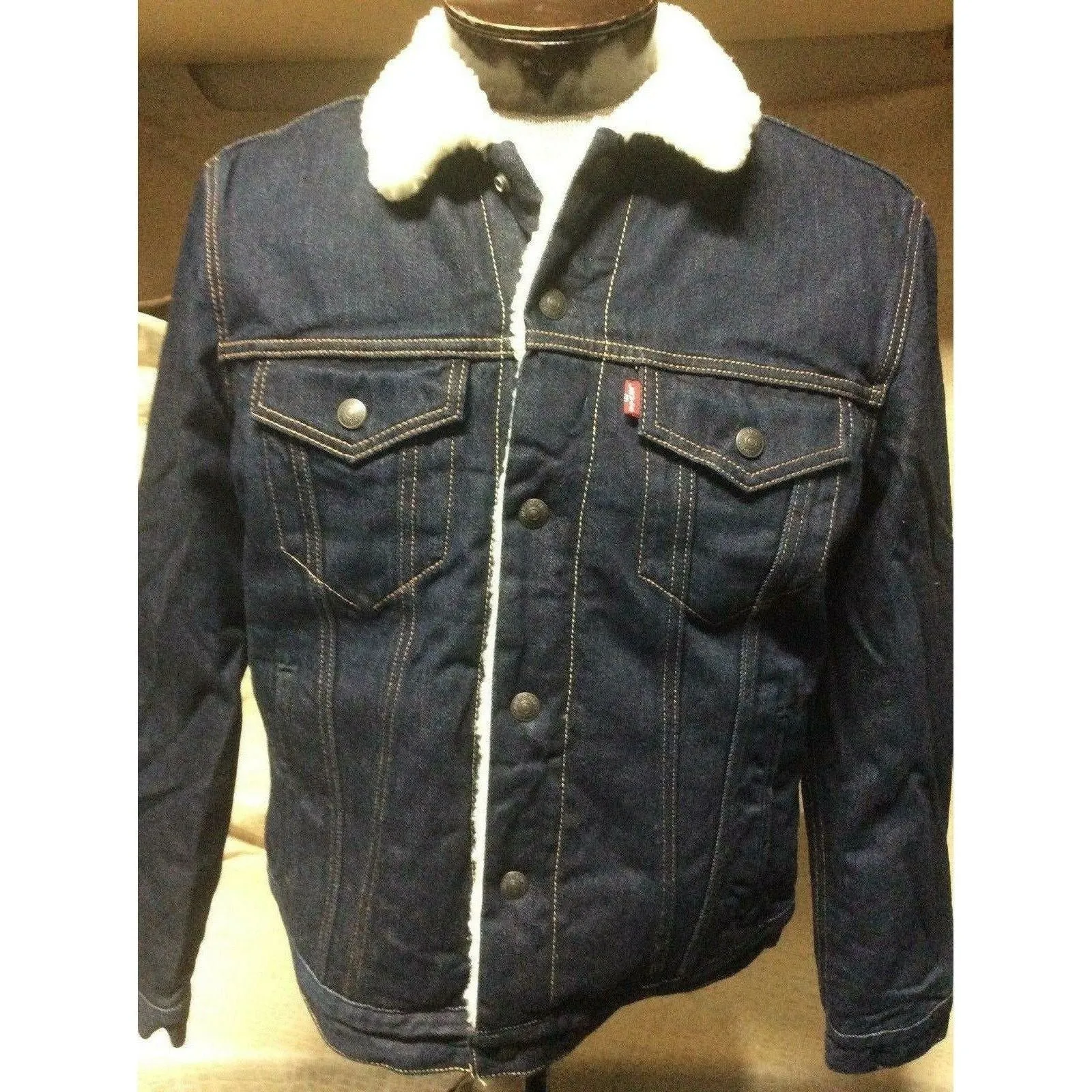 Mens Levis Original Sherpa Rinse Blue Denim Western Cowboy Trucker Jacket