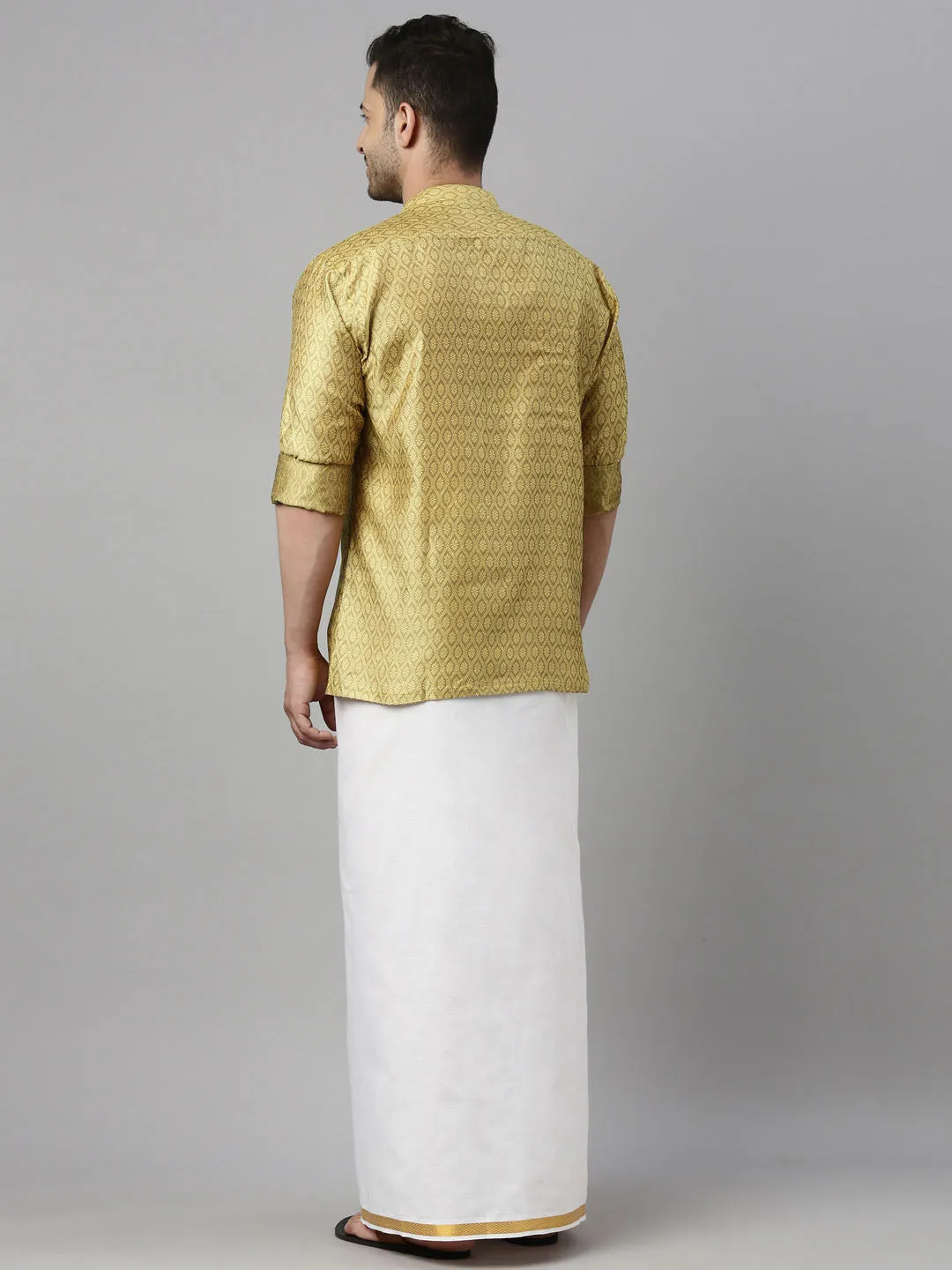 Men's Mustard Yellow Silk Blend Ethnic Shirt And Mundu Set - Vastramay