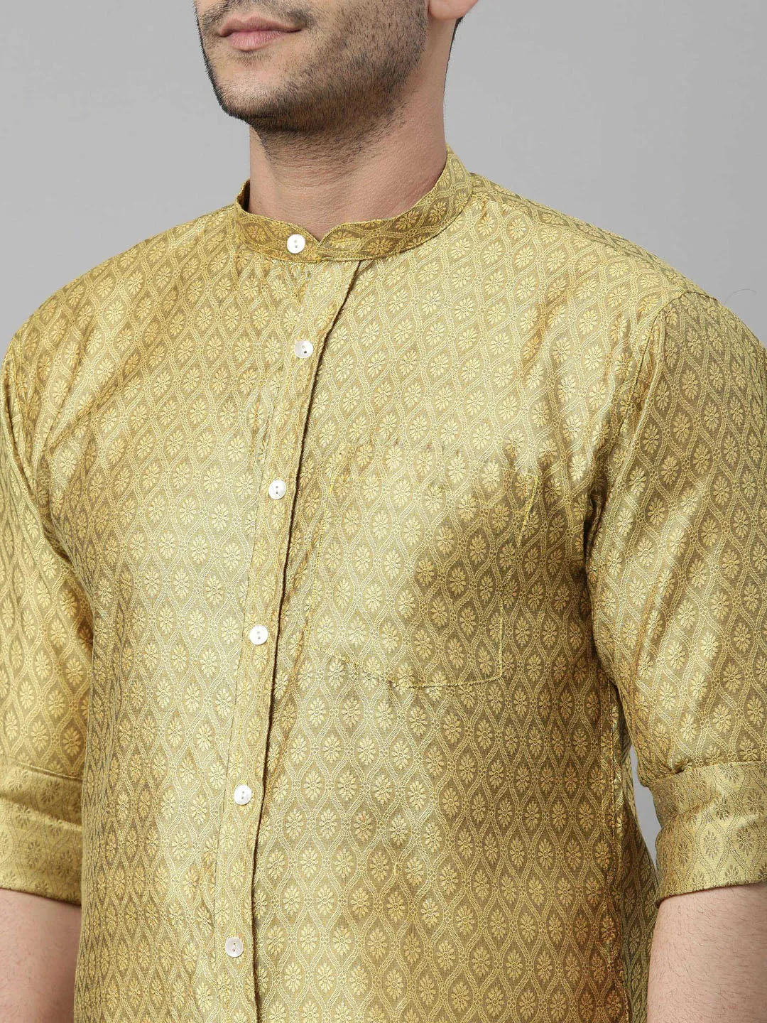 Men's Mustard Yellow Silk Blend Ethnic Shirt And Mundu Set - Vastramay