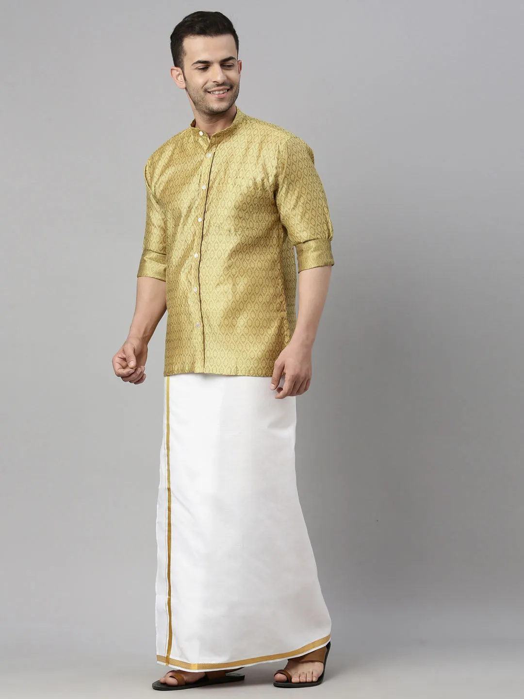 Men's Mustard Yellow Silk Blend Ethnic Shirt And Mundu Set - Vastramay