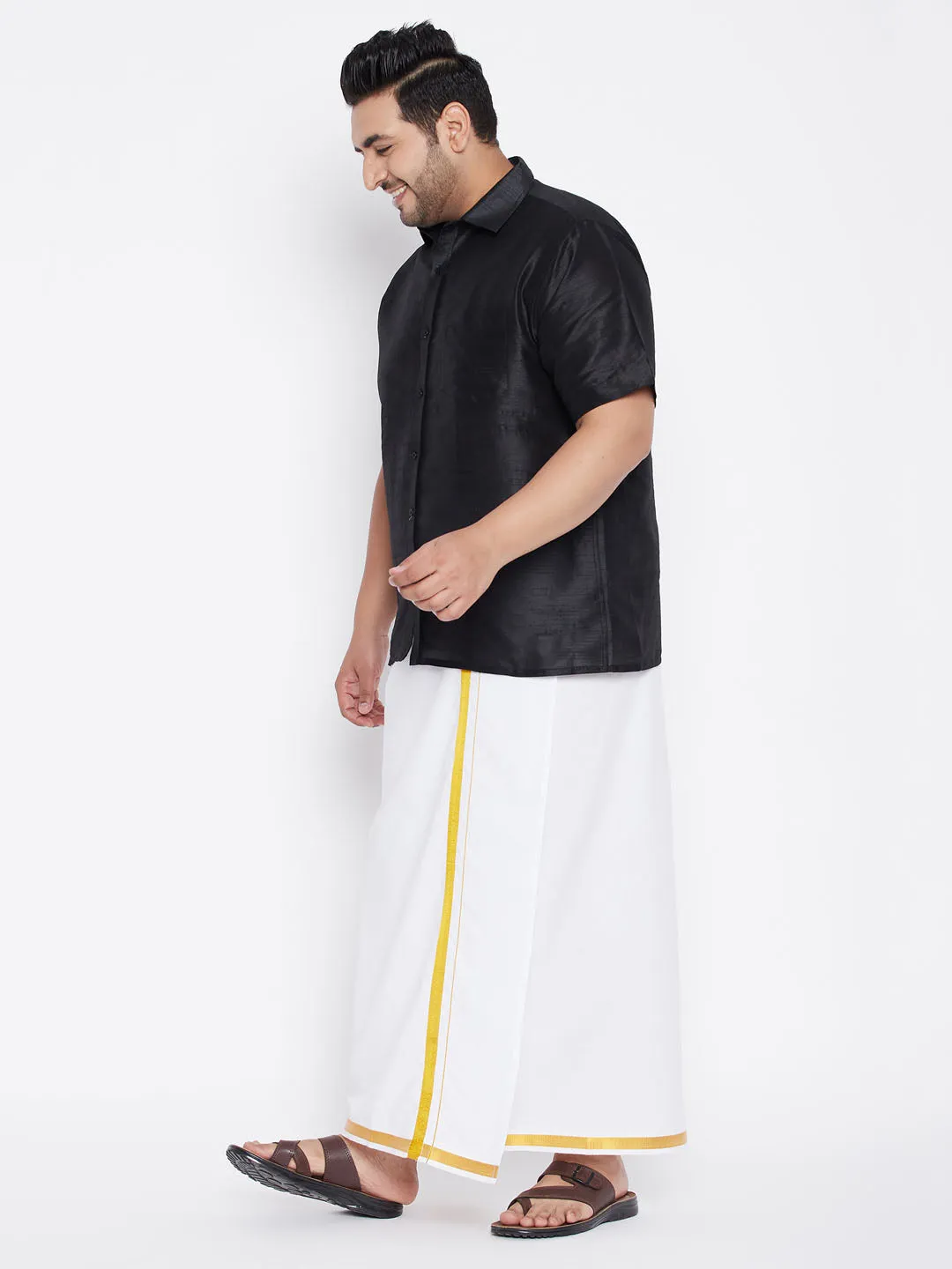 Men's Plus Black And White Silk Blend Shirt And Mundu Set - Vastramay