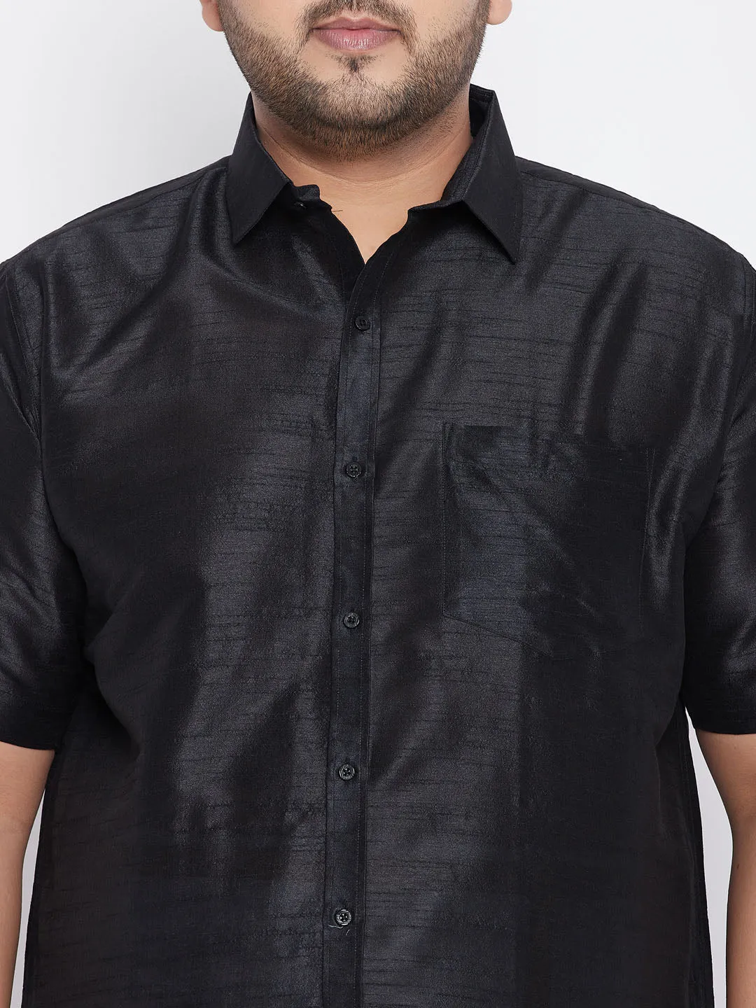 Men's Plus Black And White Silk Blend Shirt And Mundu Set - Vastramay