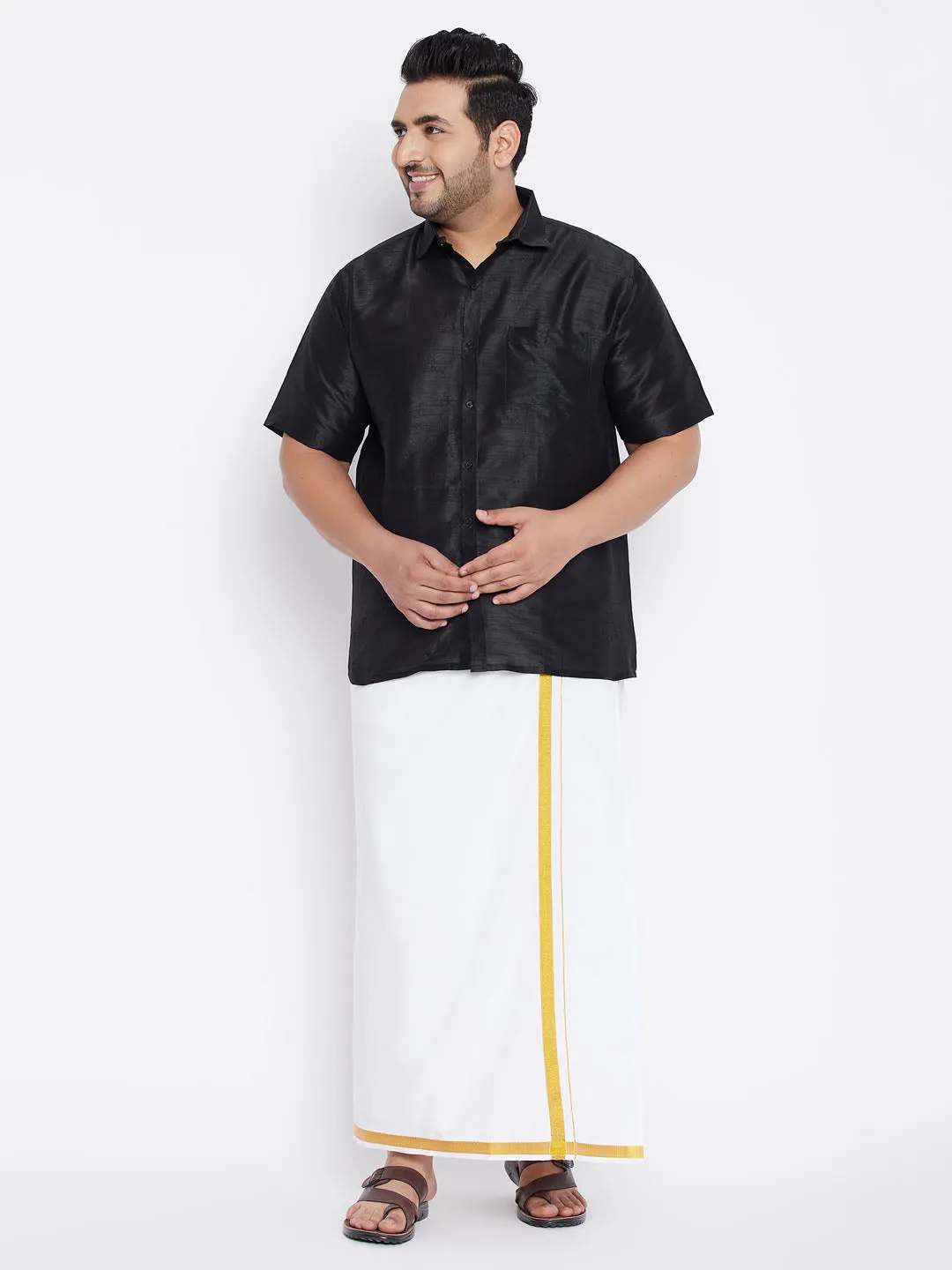 Men's Plus Black And White Silk Blend Shirt And Mundu Set - Vastramay