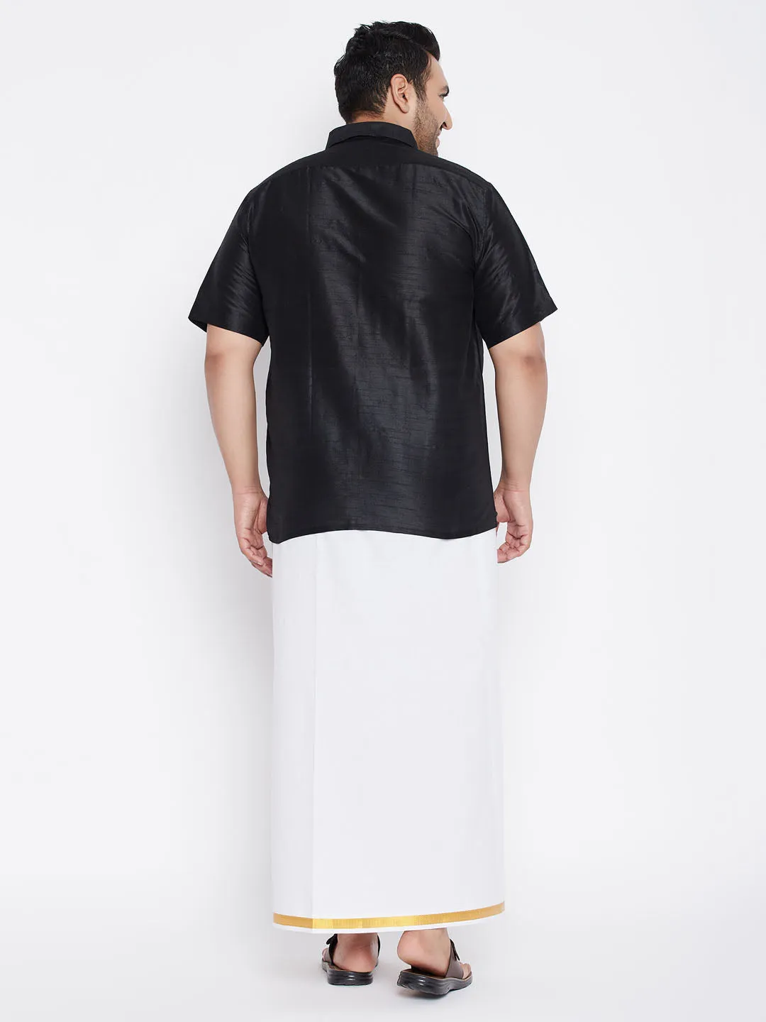 Men's Plus Black And White Silk Blend Shirt And Mundu Set - Vastramay