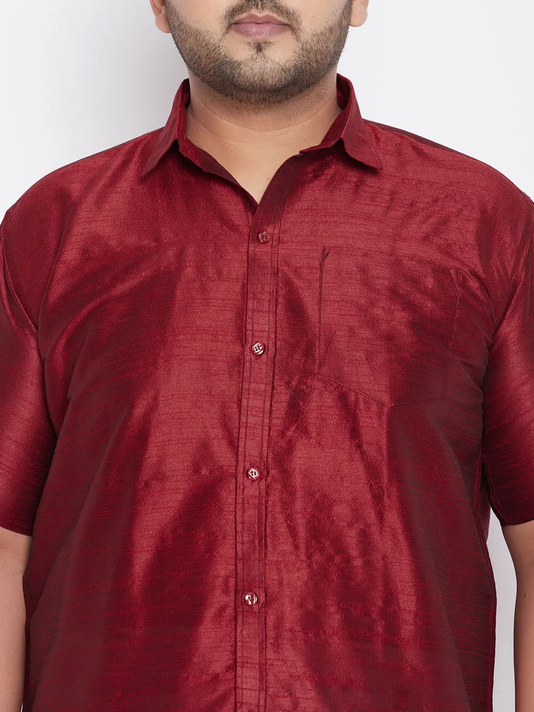 Men's Plus Maroon And White Silk Blend Shirt And Mundu Set - Vastramay