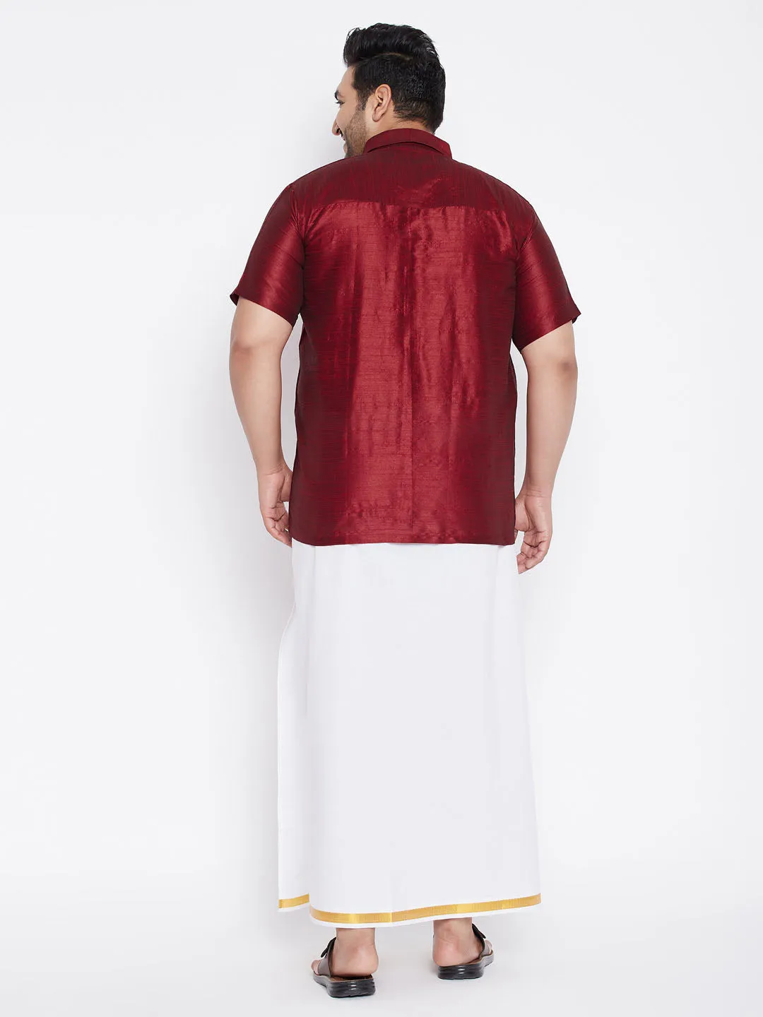 Men's Plus Maroon And White Silk Blend Shirt And Mundu Set - Vastramay