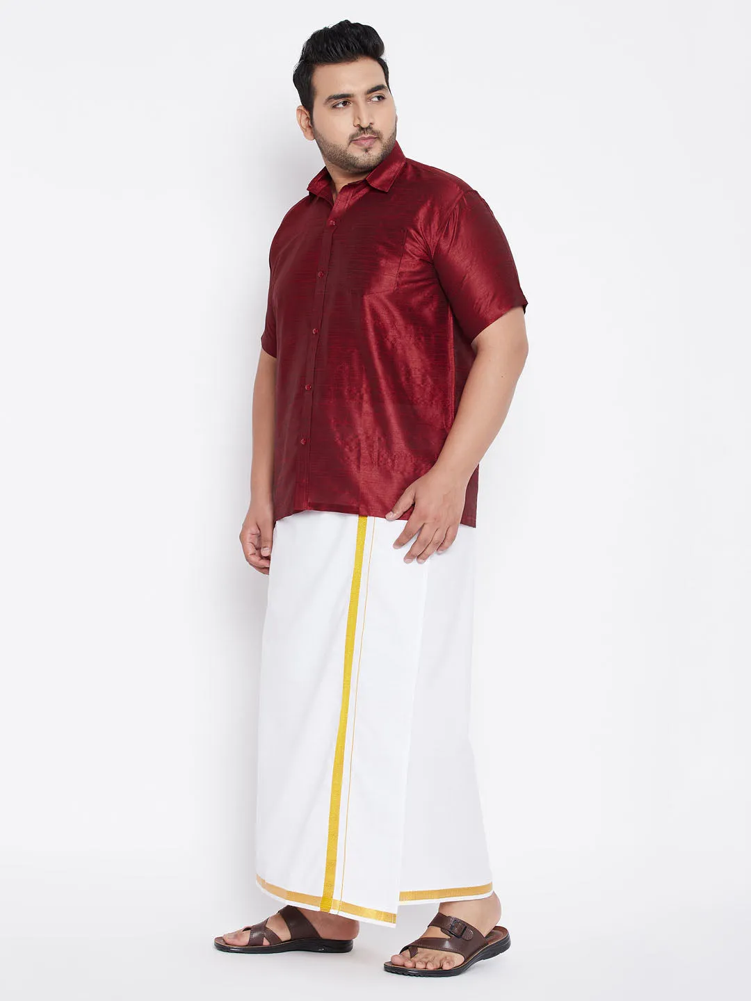 Men's Plus Maroon And White Silk Blend Shirt And Mundu Set - Vastramay