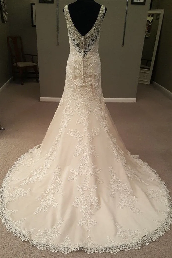 Mermaid Long Champagne Bridal Dress with Lace