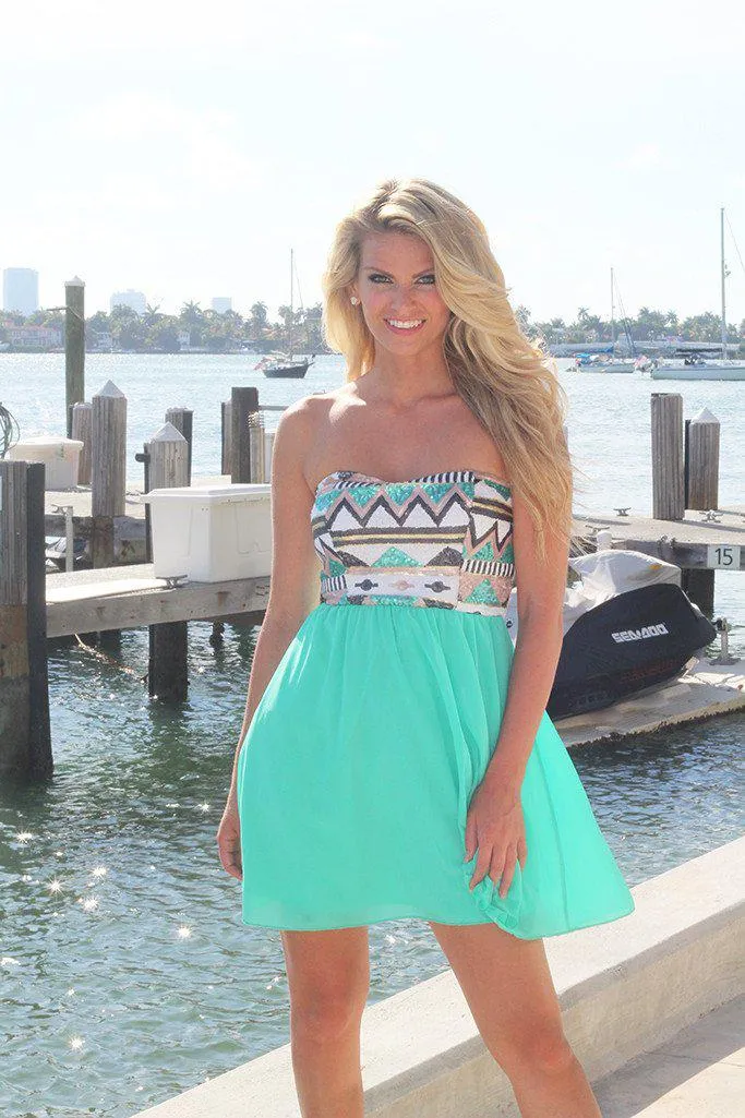 Mint Short Dress With Sequin Top