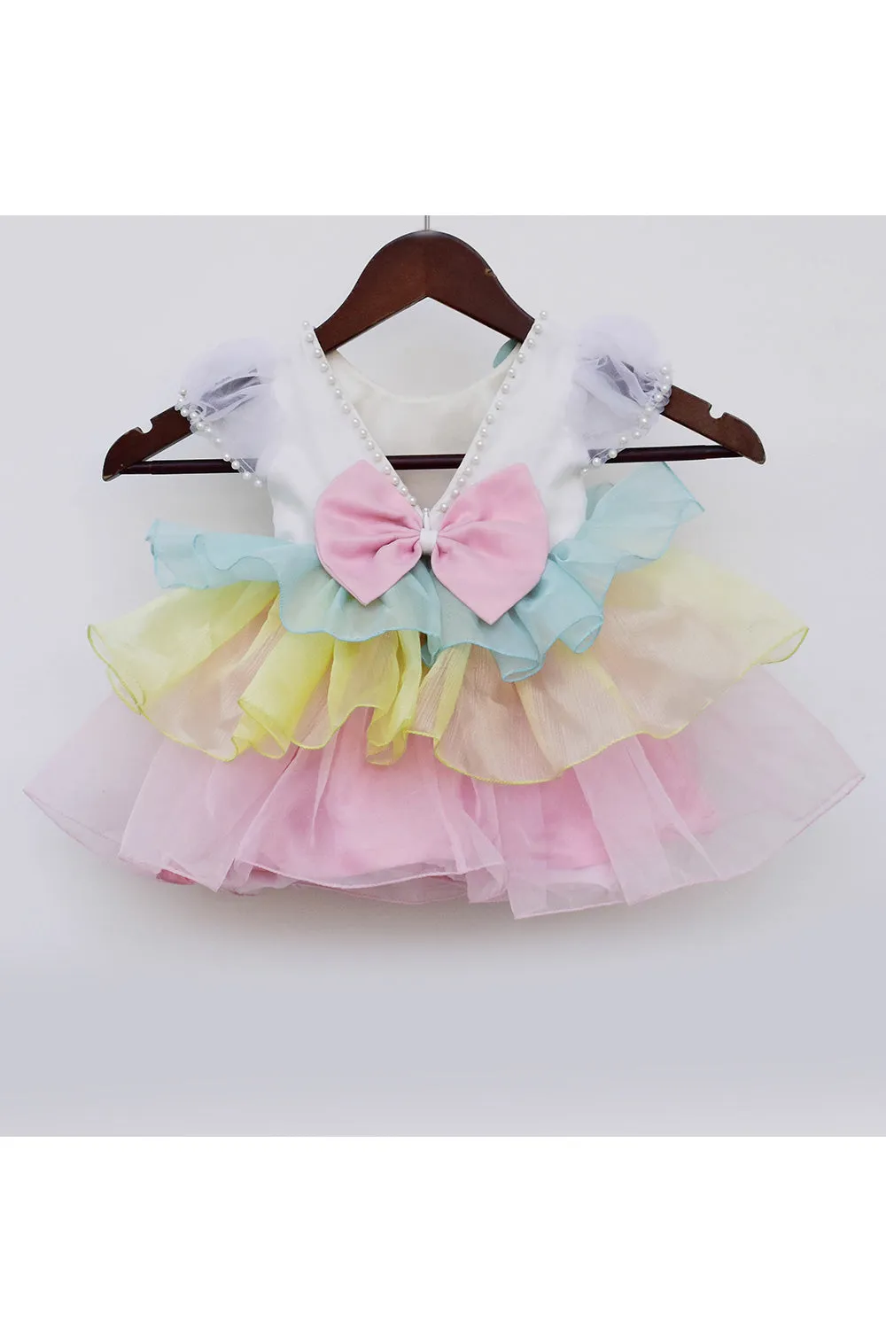 Multicolor Pearl Embroidered Organza Frill Dress