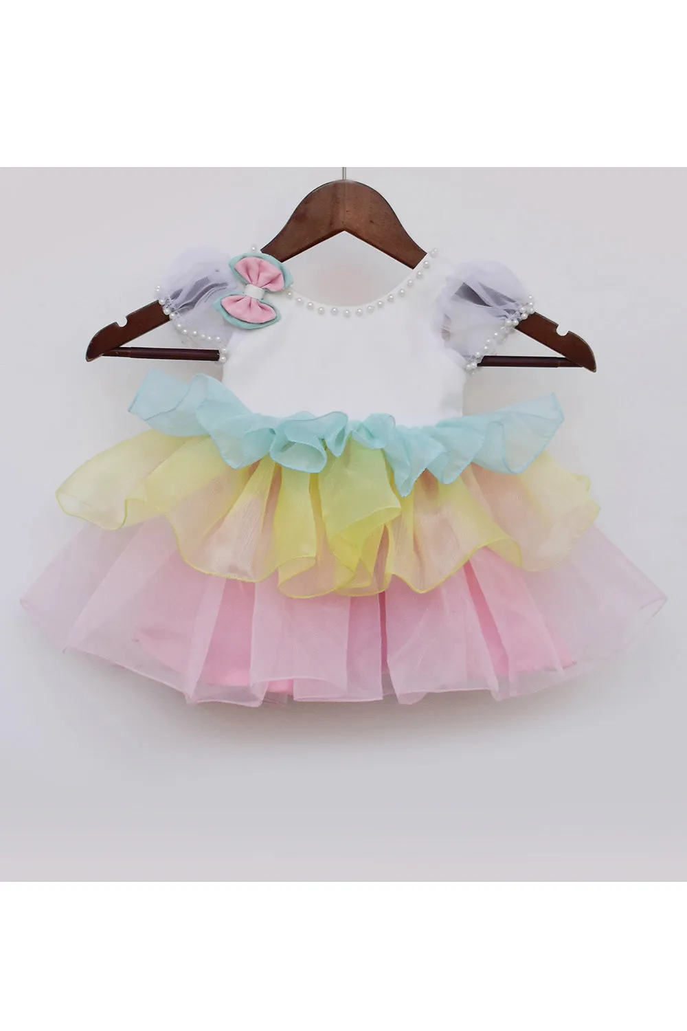 Multicolor Pearl Embroidered Organza Frill Dress