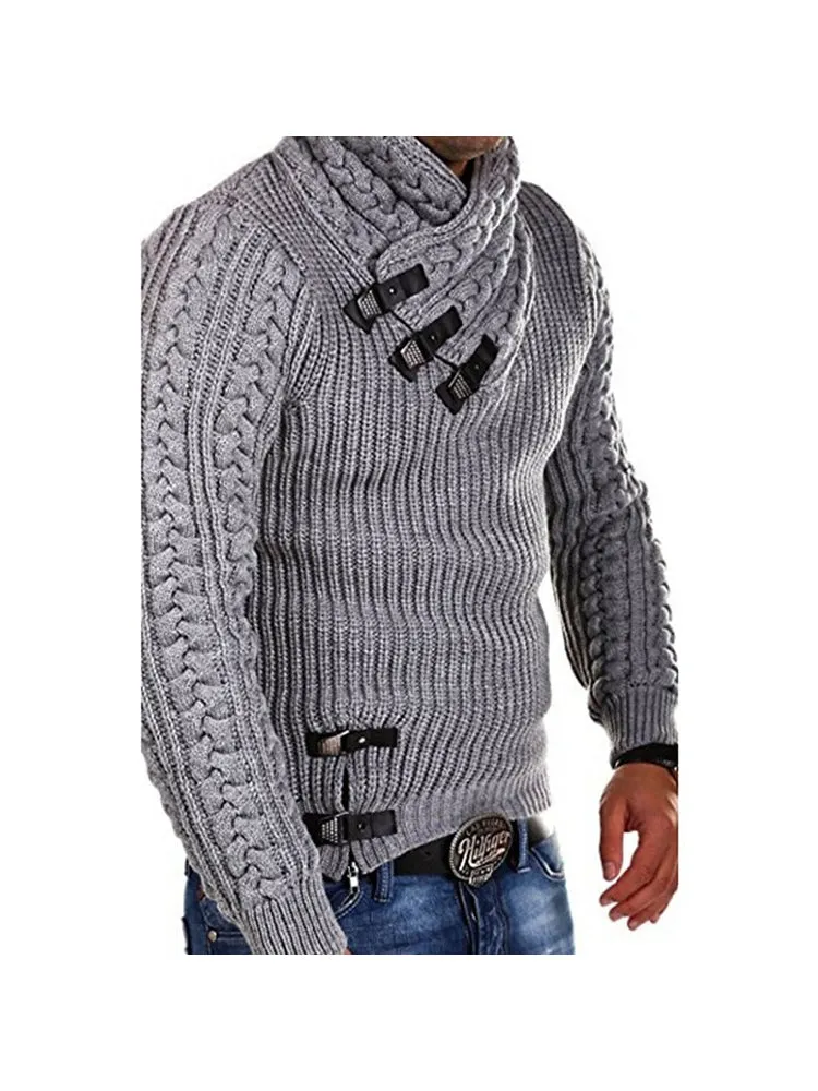 New Men'S Long-Sleeved Leather Button Pullover Sweater