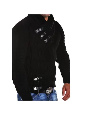 New Men'S Long-Sleeved Leather Button Pullover Sweater