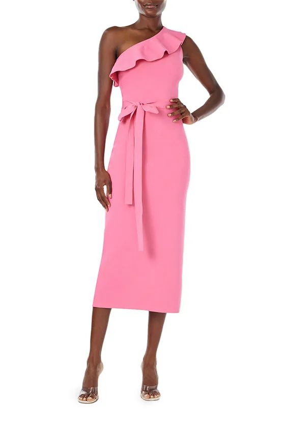 One Shoulder Pink Ruffle Knit Dress