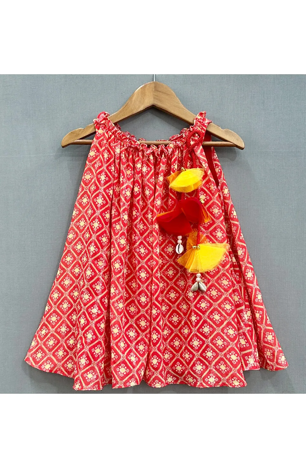 Orange Printed With Handmade Tassels Detailing Sleeveless Dress