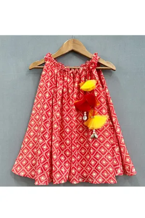 Orange Printed With Handmade Tassels Detailing Sleeveless Dress