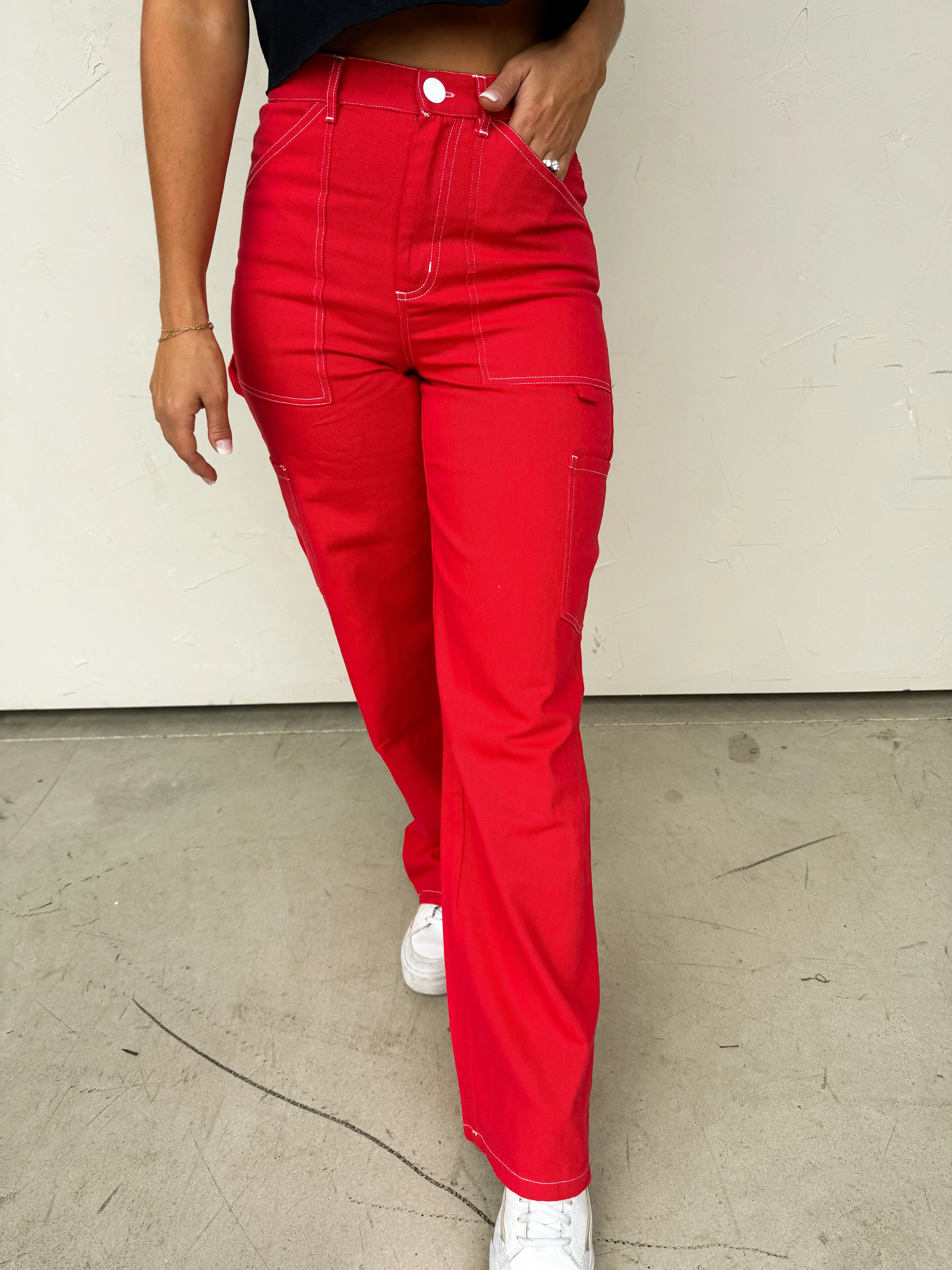 Red Cargo-Style High-Waisted Pants