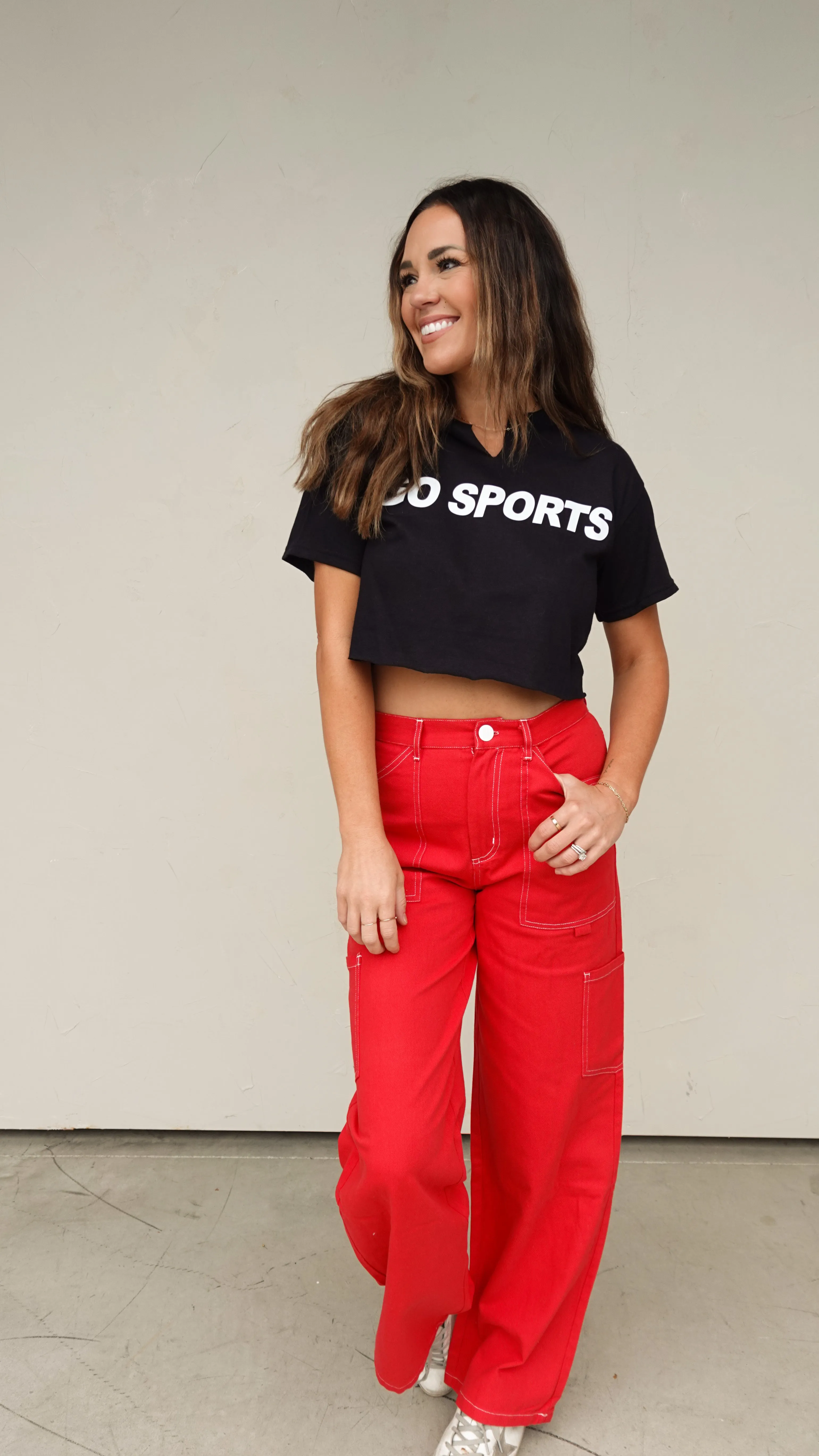 Red Cargo-Style High-Waisted Pants