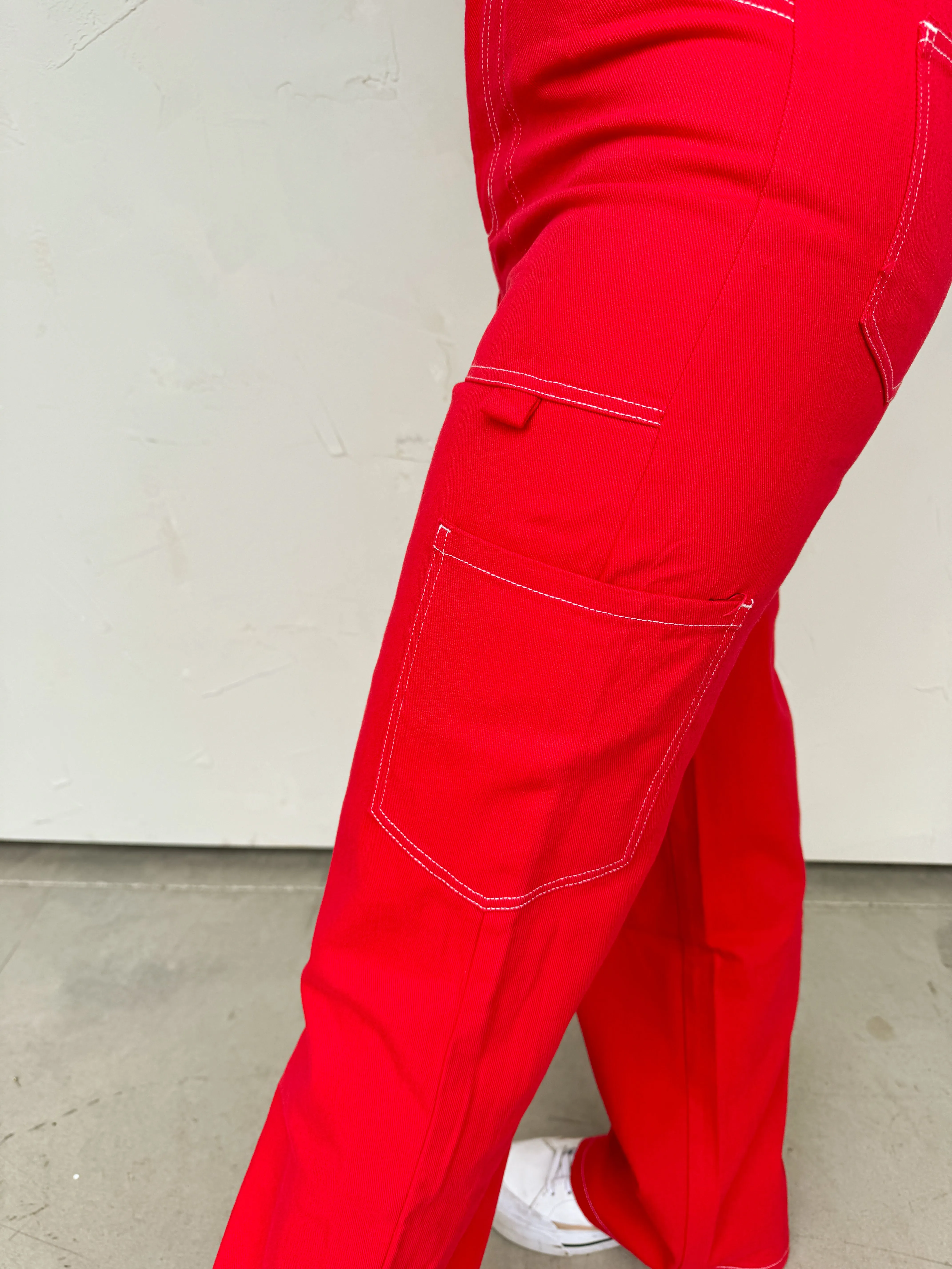 Red Cargo-Style High-Waisted Pants