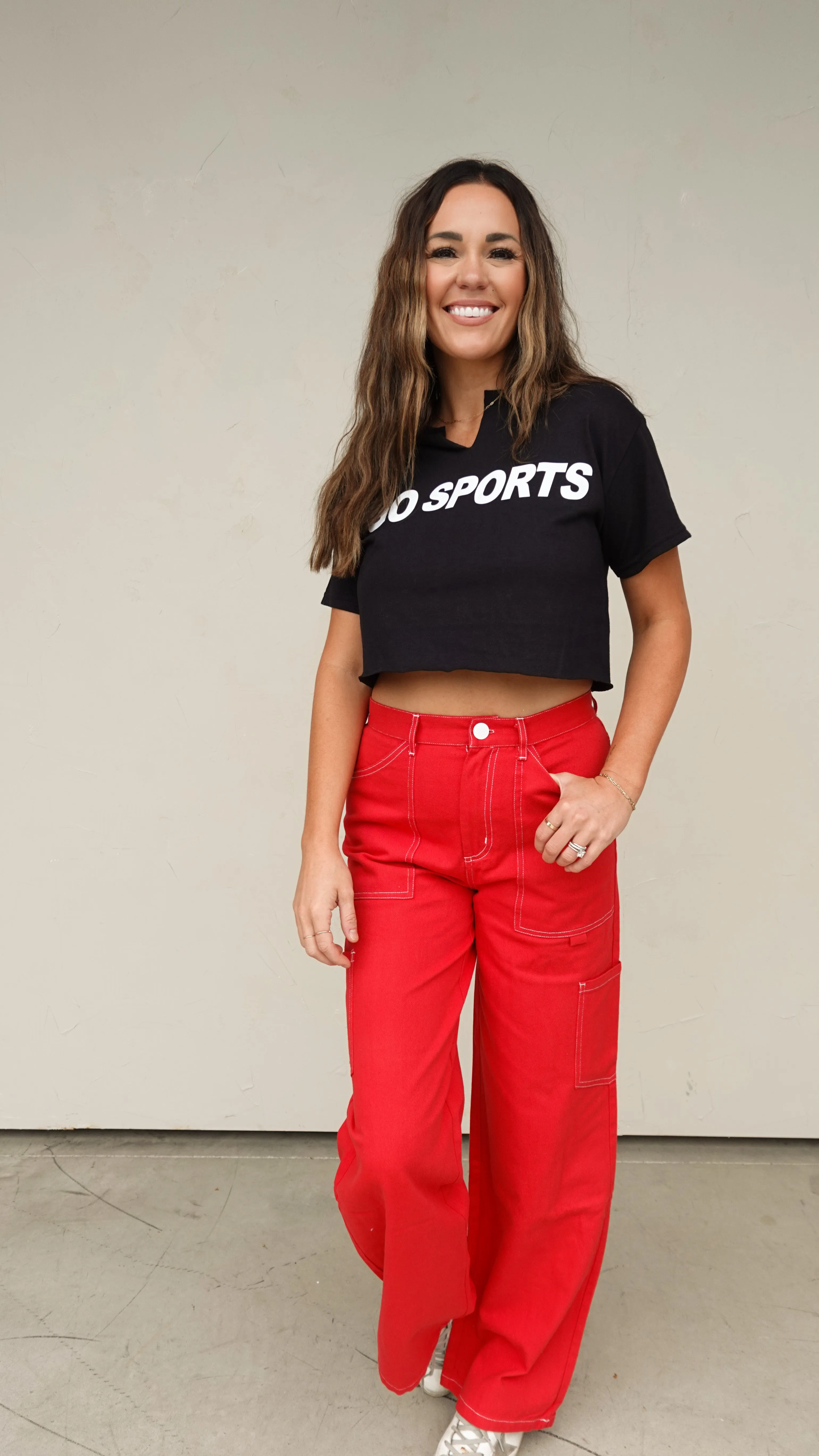 Red Cargo-Style High-Waisted Pants