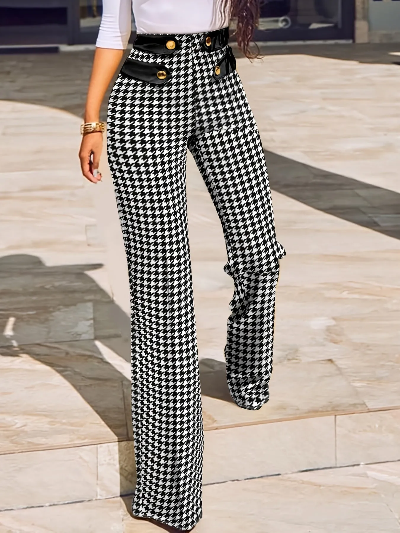 Stylish Houndstooth High Waist Straight Leg Casual Every Day Pants