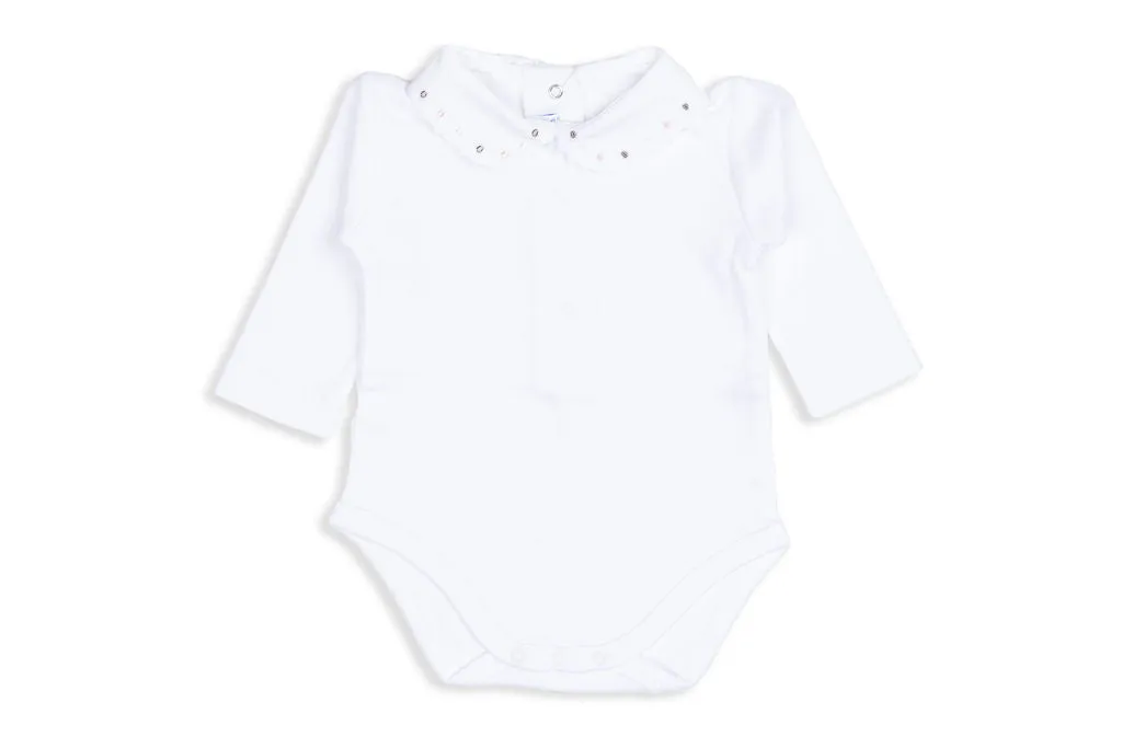 Swiss White Cotton Bodysuit with Rose & Gray Dot Embroidered Scalloped Collar