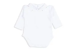 Swiss White Cotton Bodysuit with Rose & Gray Dot Embroidered Scalloped Collar