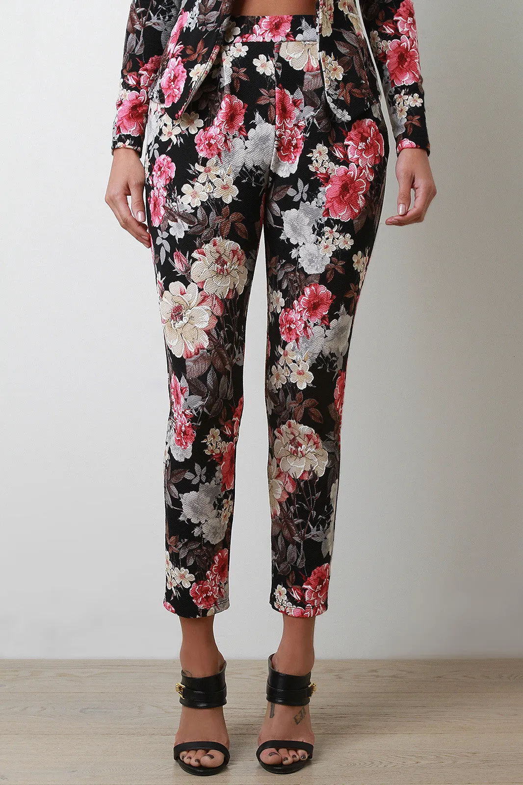 Textured Knit Floral High Waisted Pants