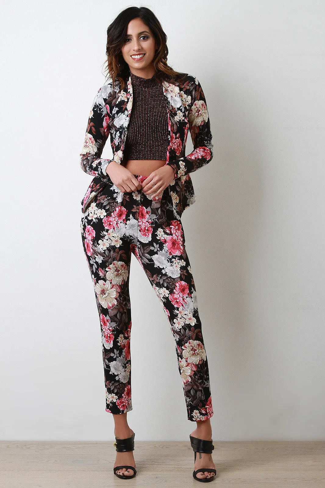 Textured Knit Floral High Waisted Pants