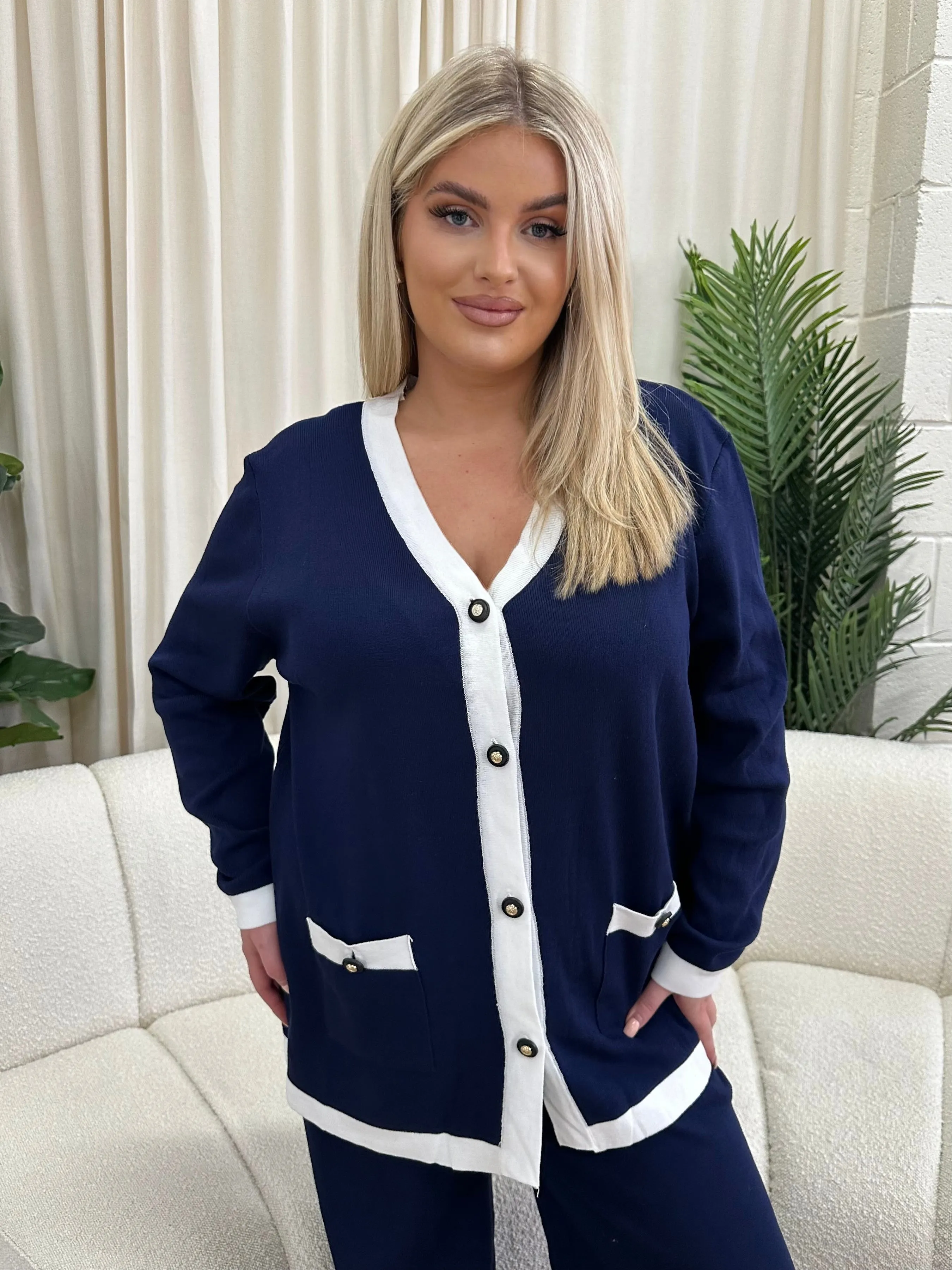 Tyla Navy/White Trim Plus Size Colour Block Knitted Set