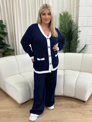 Tyla Navy/White Trim Plus Size Colour Block Knitted Set