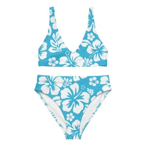 White Hawaiian Flowers on Aqua Ocean Blue High Waisted Bikini