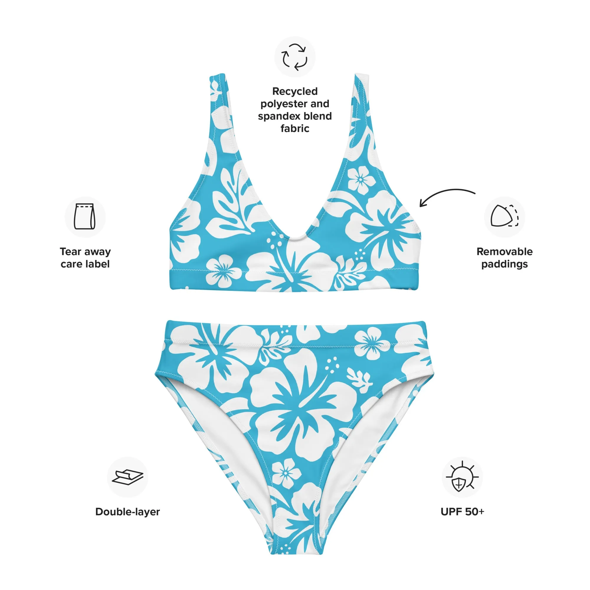 White Hawaiian Flowers on Aqua Ocean Blue High Waisted Bikini